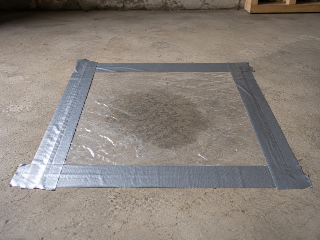 Plastic sheet moisture test taped to a basement concrete slab