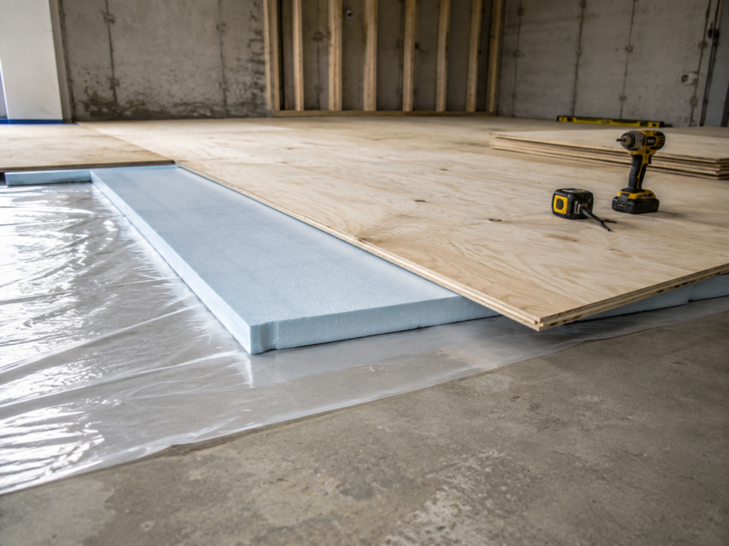 Tongue and groove plywood panels stacked for basement subfloor installation