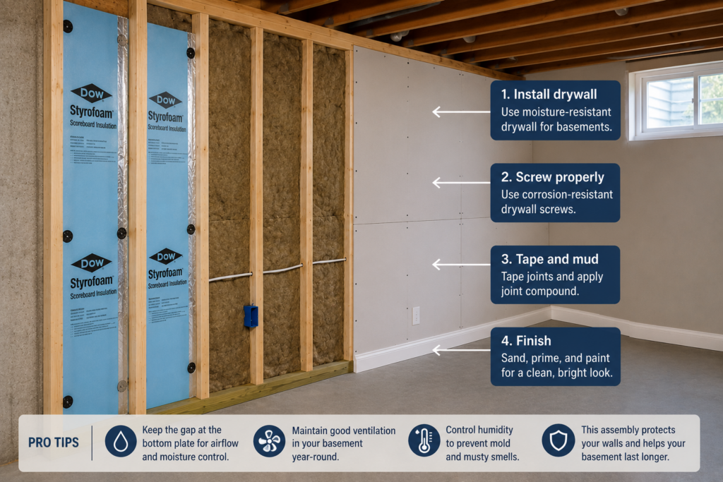 Basement wall showing rigid foam, wood framing, mineral wool insulation, electrical wiring, and drywall installation stages.