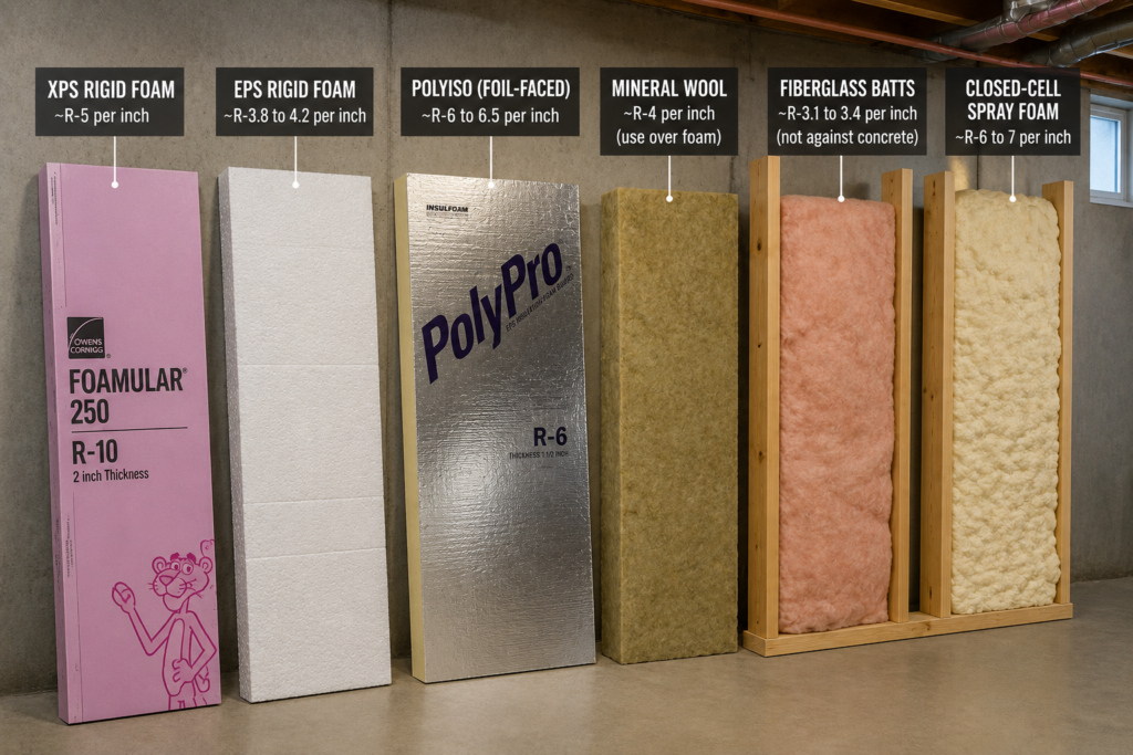 Basement wall insulation options including rigid foam, mineral wool, fiberglass, and spray foam