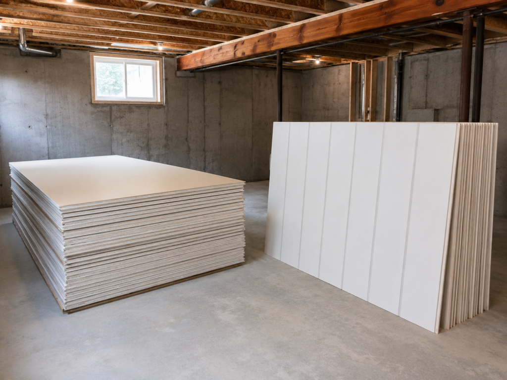 Drywall sheets and basement wall panels prepared for basement finishing