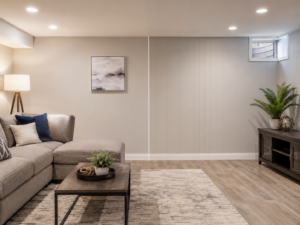 Basement wall panels and drywall compared in a finished basement