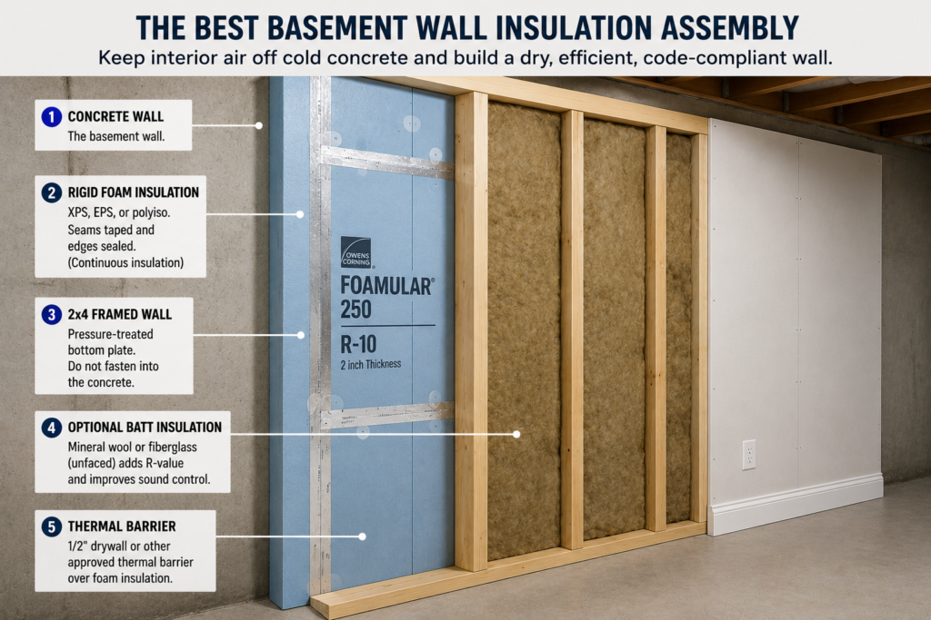 Best basement wall insulation assembly with rigid foam and framed wall