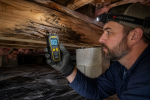 Using a moisture meter to check wood moisture levels in a crawlspace joist for signs of rot generate the image