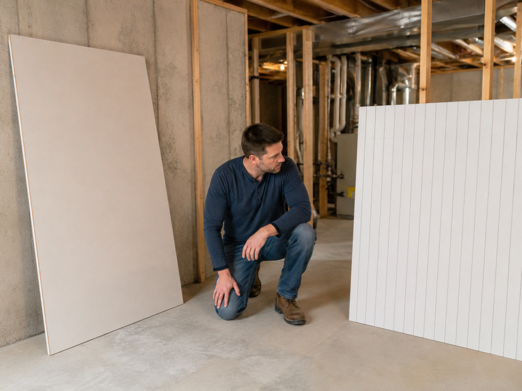 Close-up comparison of drywall and moisture-resistant basement wall panel materials