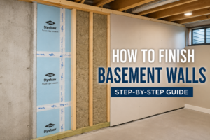 How to Finish Basement Walls (Step-by-Step Guide) Basement wall finishing stages showing concrete, rigid foam insulation, wood framing, mineral wool, and drywall