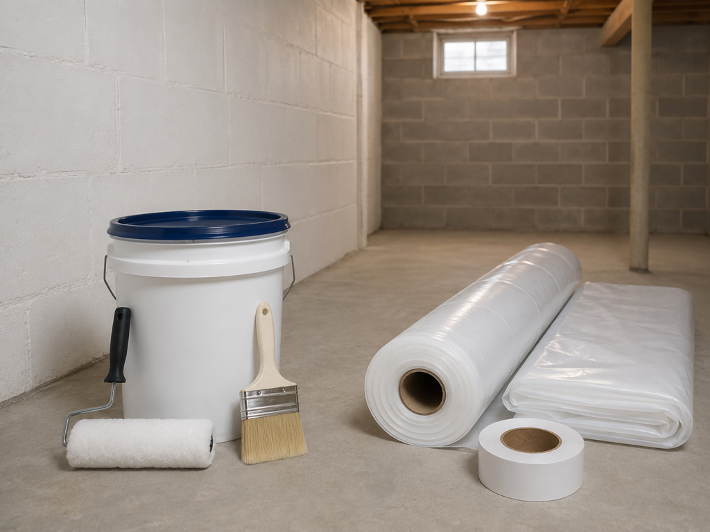 Drylok bucket, roller, brush, vapor barrier roll, and seam tape in a basement