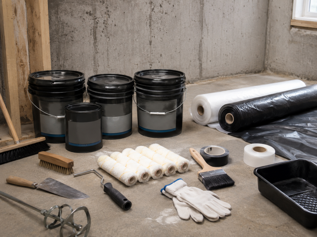 Waterproofing coating, rollers, brushes, plastic sheeting, and seam tape for a basement project