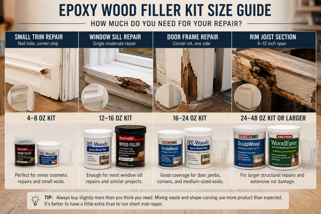 Recommended epoxy wood filler quantity for common wood rot repairs