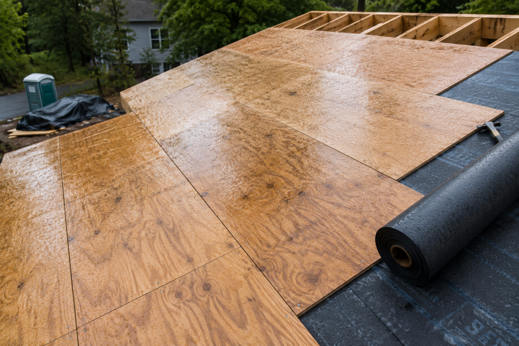 Exposure 1 roof sheathing drying after rain before underlayment installation