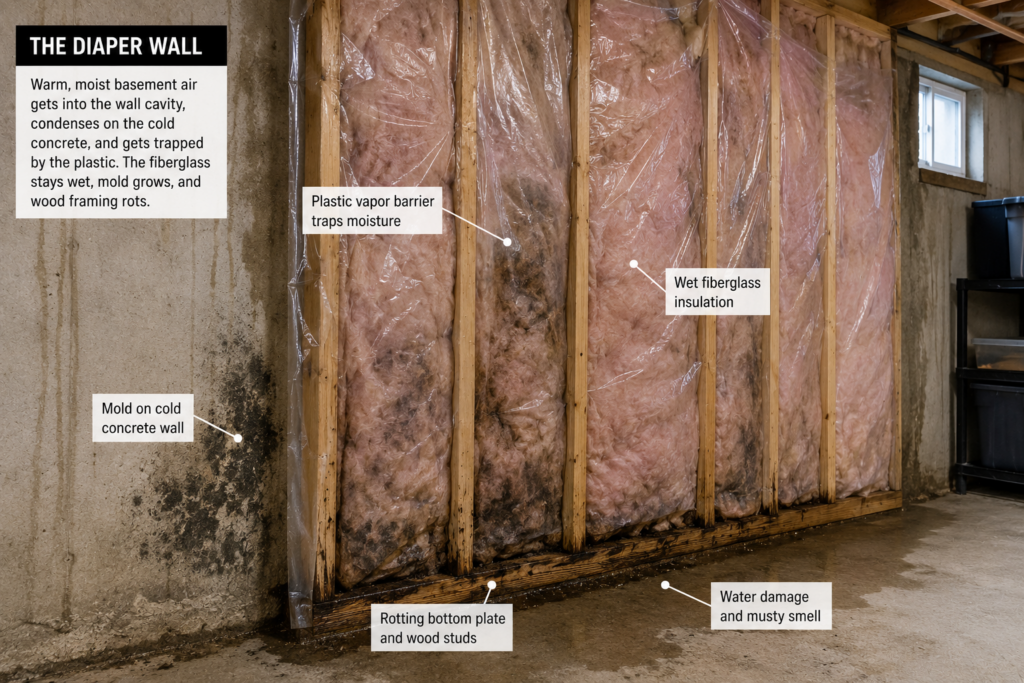 Fiberglass and plastic vapor barrier basement wall mistake causing trapped moisture