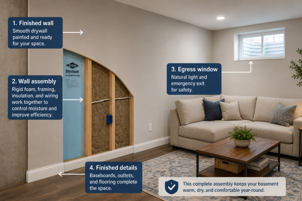 Basement wall showing rigid foam, wood framing, mineral wool insulation, electrical wiring, and drywall installation stages.