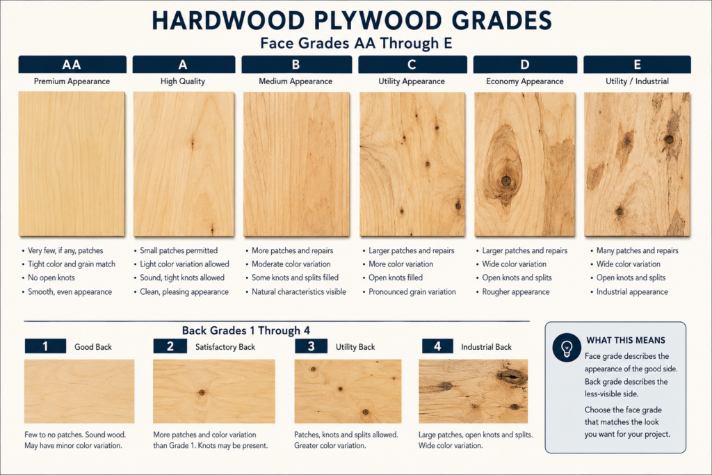 Hardwood plywood face grades AA through E and back grades 1 through 4 explained