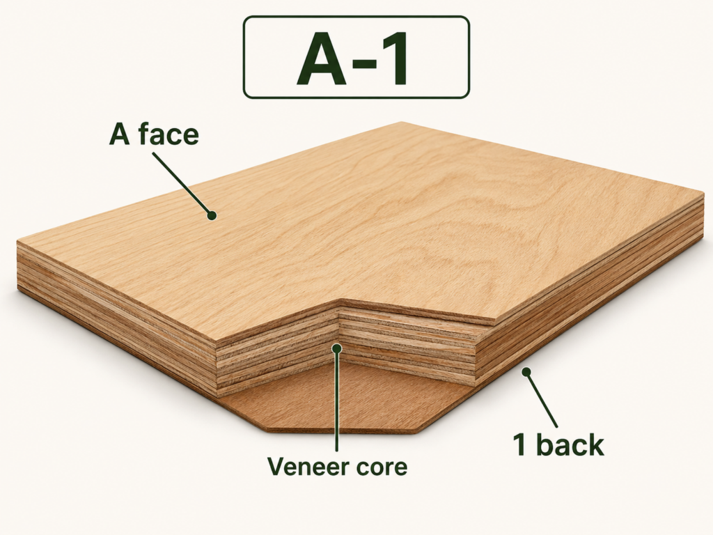 A-1 hardwood plywood diagram showing the A-grade face, veneer core and grade-1 back