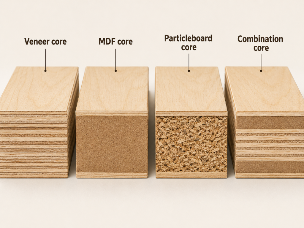 Veneer core, MDF core, particleboard core and combination core plywood compared