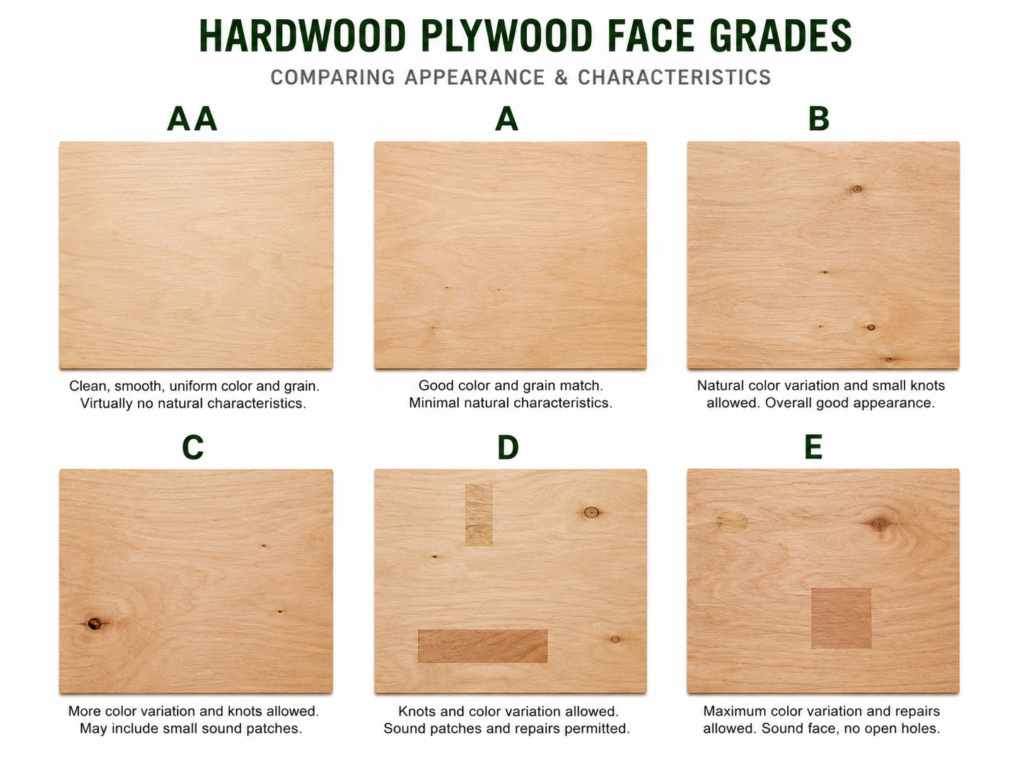 Hardwood plywood face grades AA, A, B, C, D and E compared by veneer appearance