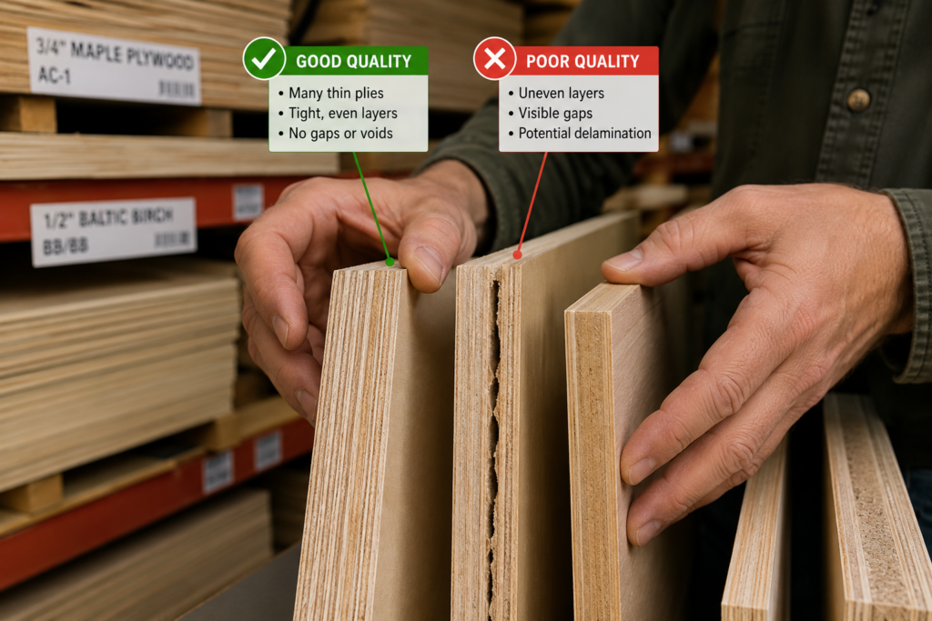 Woodworker inspecting plywood edges for core gaps, delamination and uneven layers