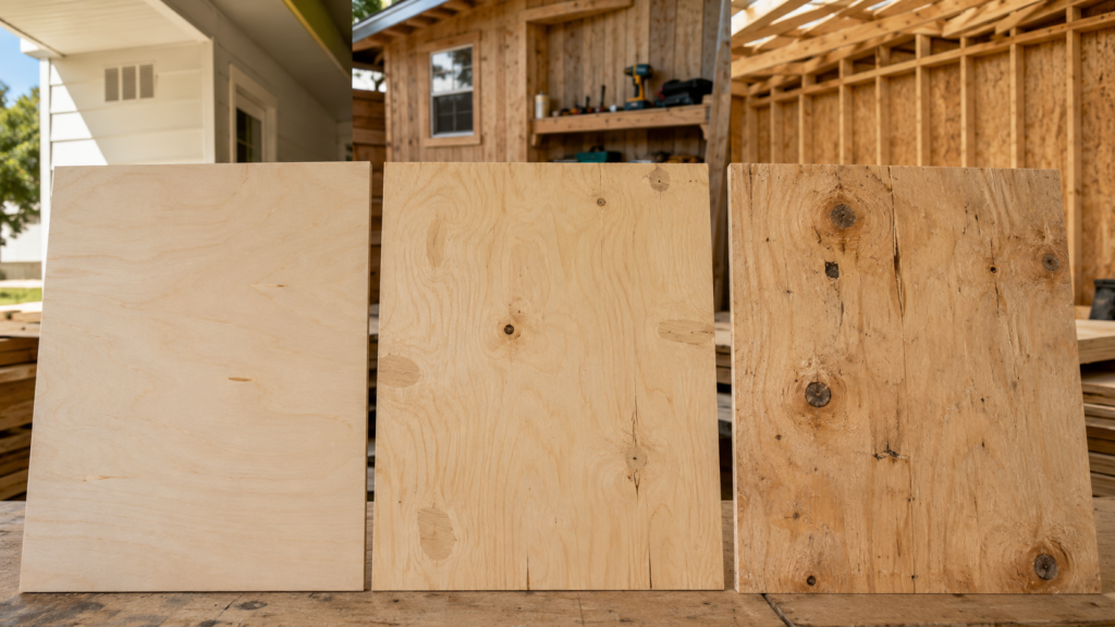 Builder inspecting plywood for cupping, edge voids, face splits, and delamination
