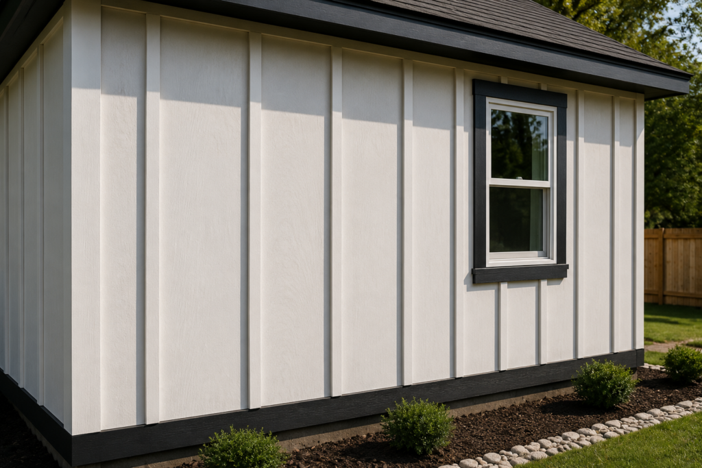 Worker fastening a grooved T1-11 plywood panel onto shed or garage wall framing, with the panel raised above the ground for proper clearance.