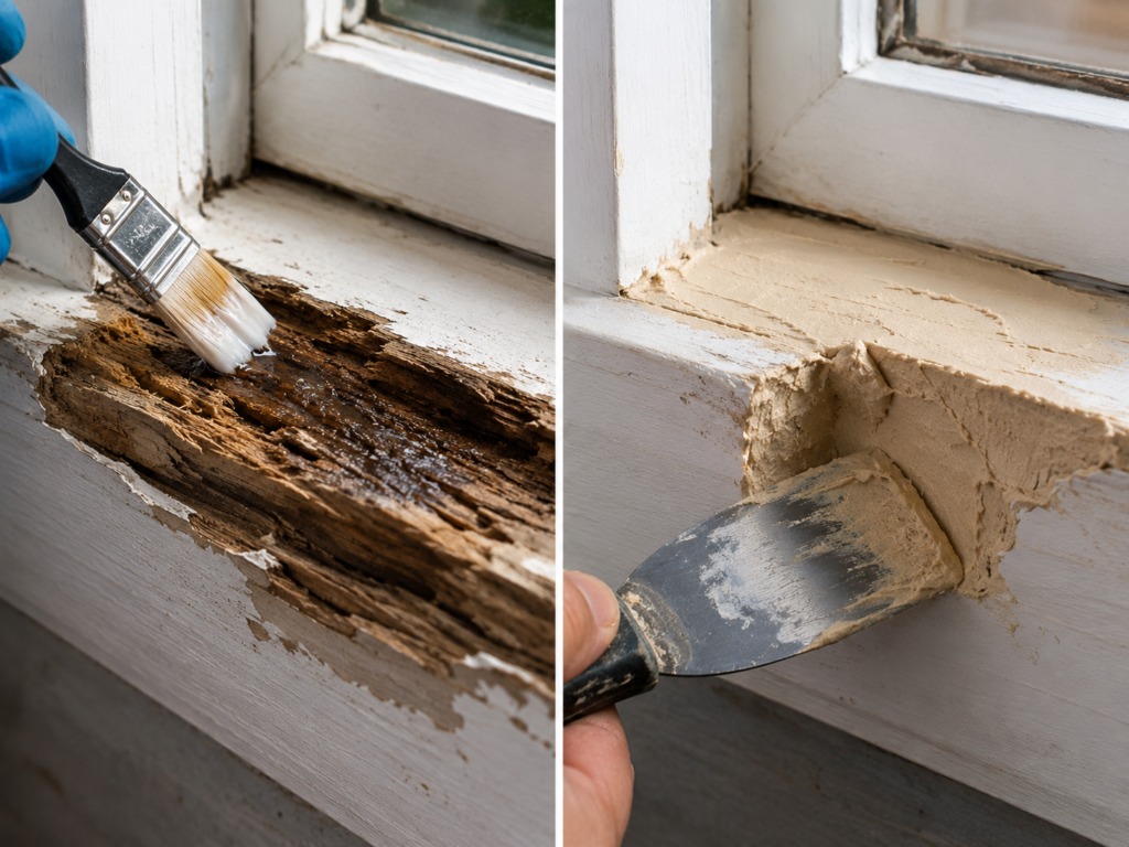 LiquidWood epoxy consolidant soaking into rotted wood beside WoodEpox filler rebuilding a damaged window sill.