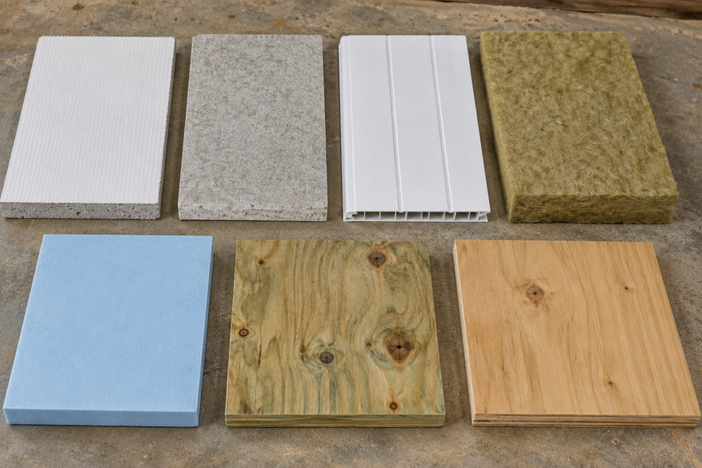 Fiberglass-faced drywall, cement board, PVC panels, mineral wool, rigid foam, and plywood compared