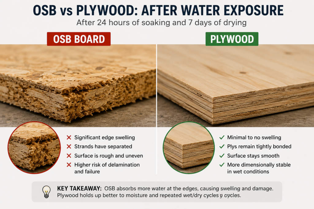 OSB edge swelling compared to plywood after repeated water exposure