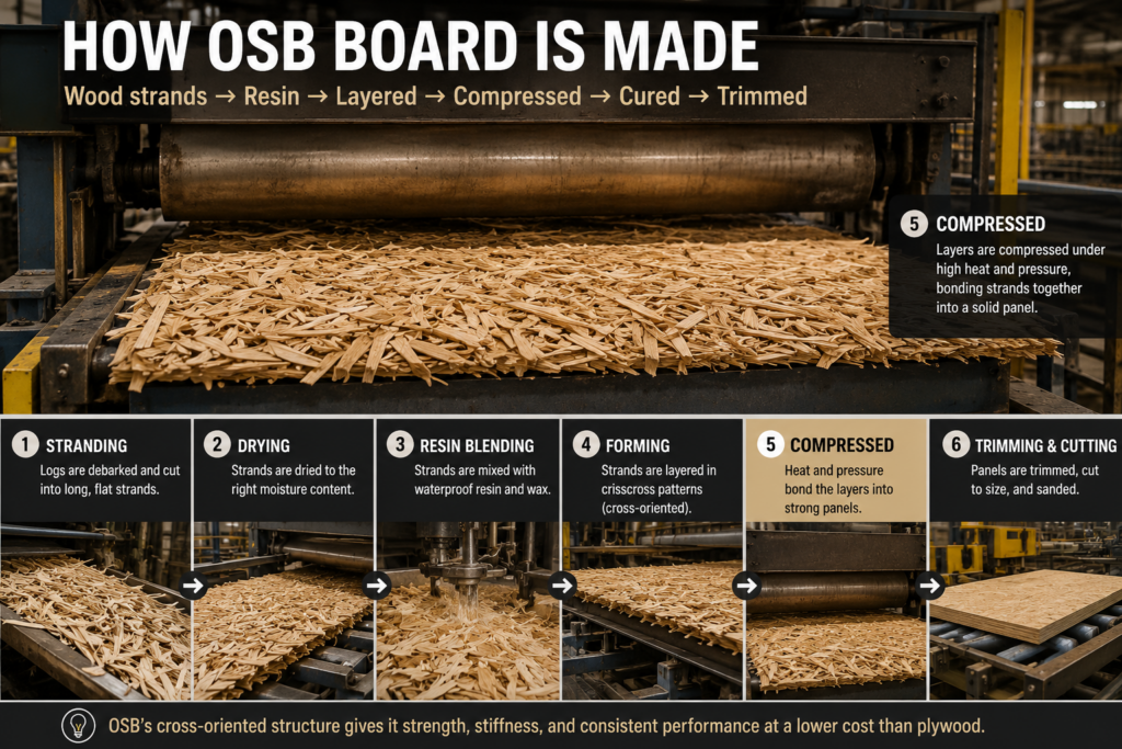 Wood strands being compressed during the OSB manufacturing process