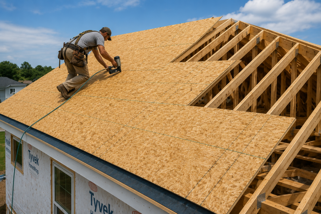 OSB roof decking installed over roof trusses before shingles