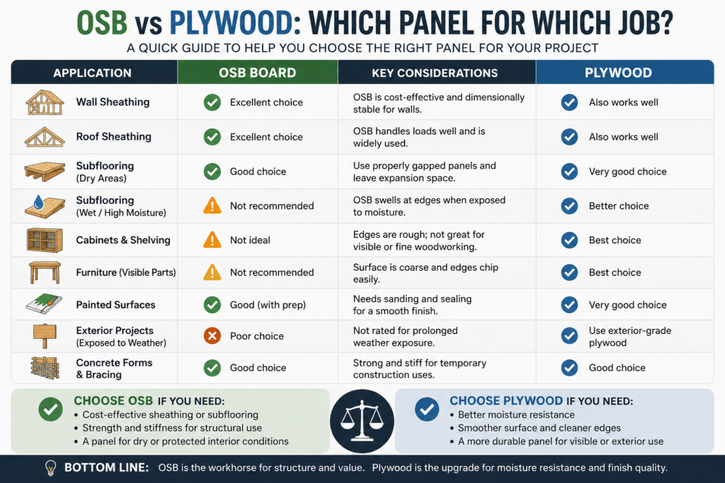 Comparison chart showing when to use OSB and when to choose plywood