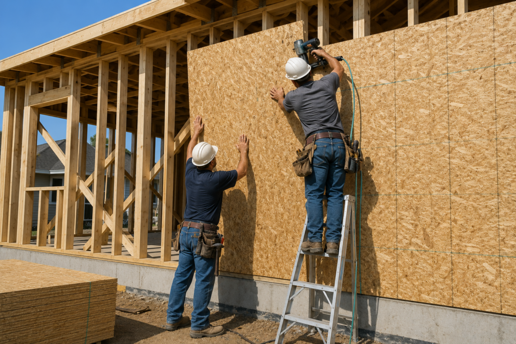 Workers installing OSB wall sheathing on residential framing