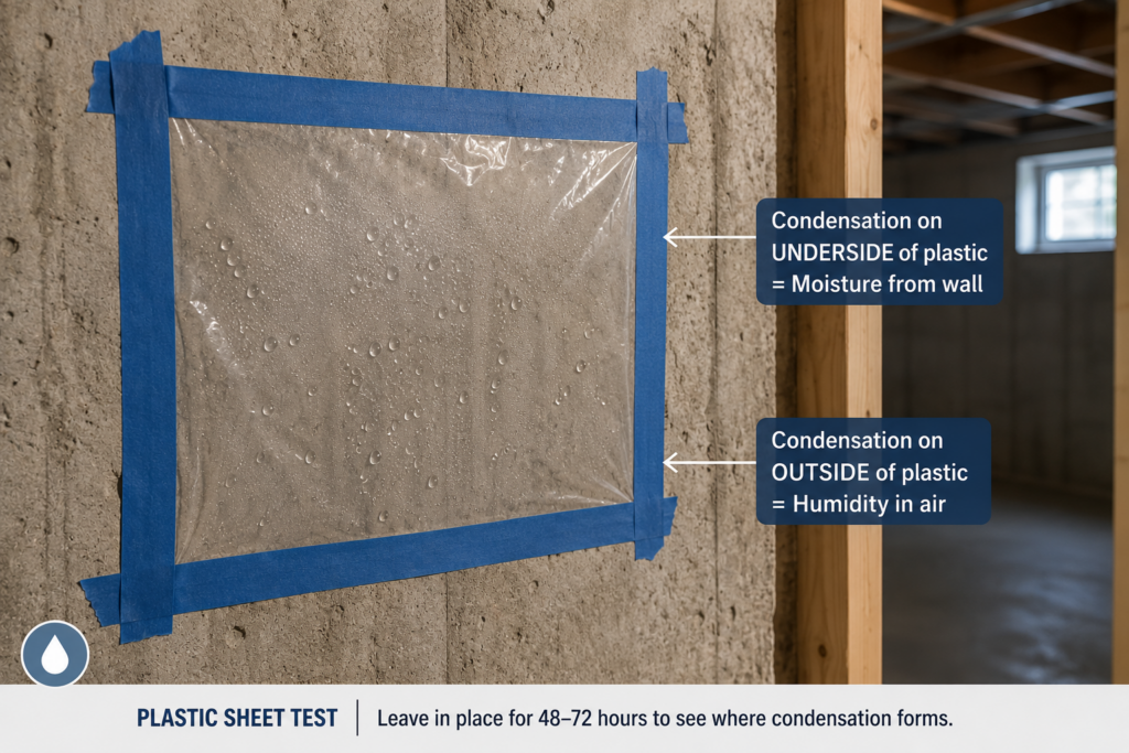 Plastic sheet moisture test taped to a concrete basement wall showing condensation beneath the plastic.