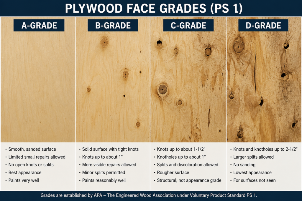 A-grade, B-grade, C-grade, and D-grade plywood face veneers compared side by side.