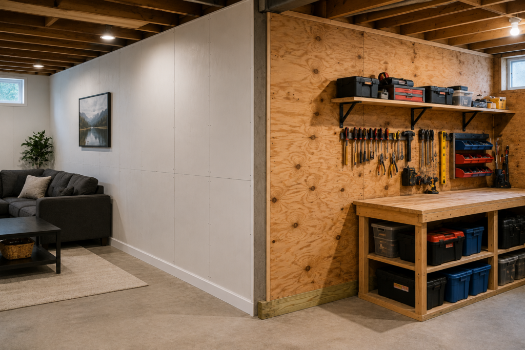 Half-inch, five-eighths-inch, and three-quarter-inch plywood for basement walls