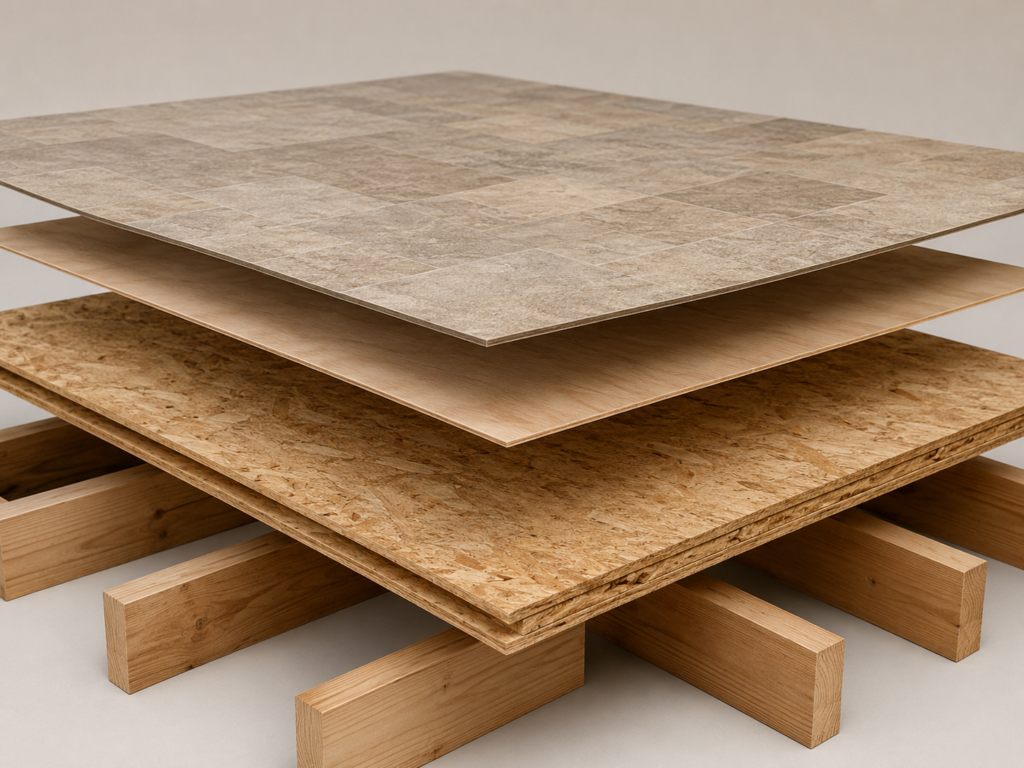 Plywood underlayment installed over a structural tongue-and-groove subfloor