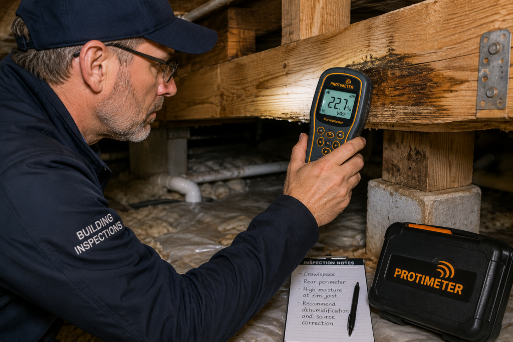 Protimeter Surveymaster moisture meter used during a professional building inspection