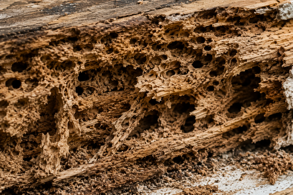 Close-up of soft punky wood fibers damaged by rot and ready for treatment