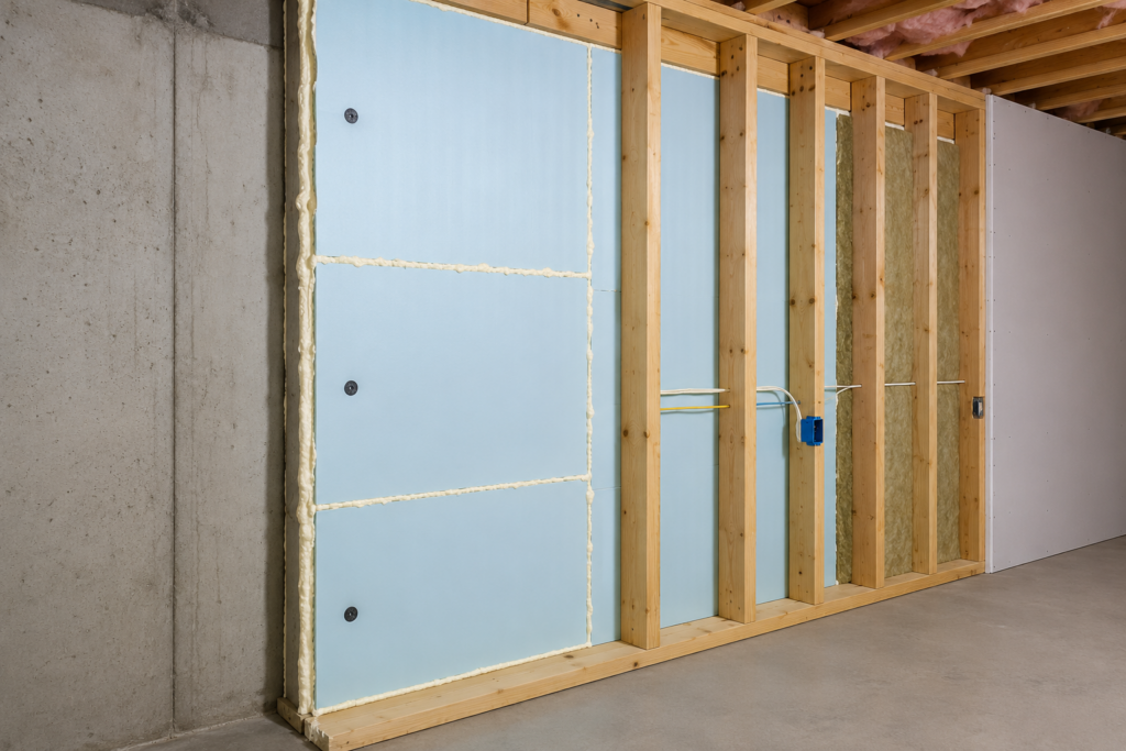 Rigid foam basement wall assembly with sealed insulation and wood framing