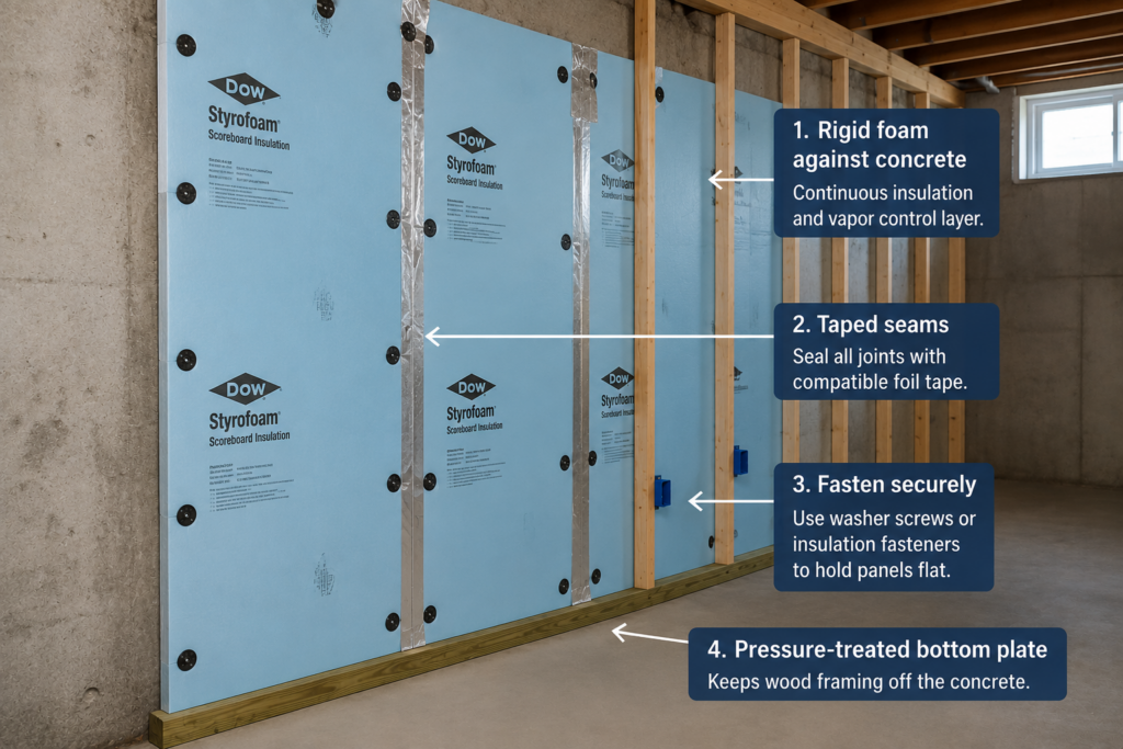 Rigid foam insulation installed against a concrete basement wall with taped seams, fasteners, framing, and a pressure-treated bottom plate.