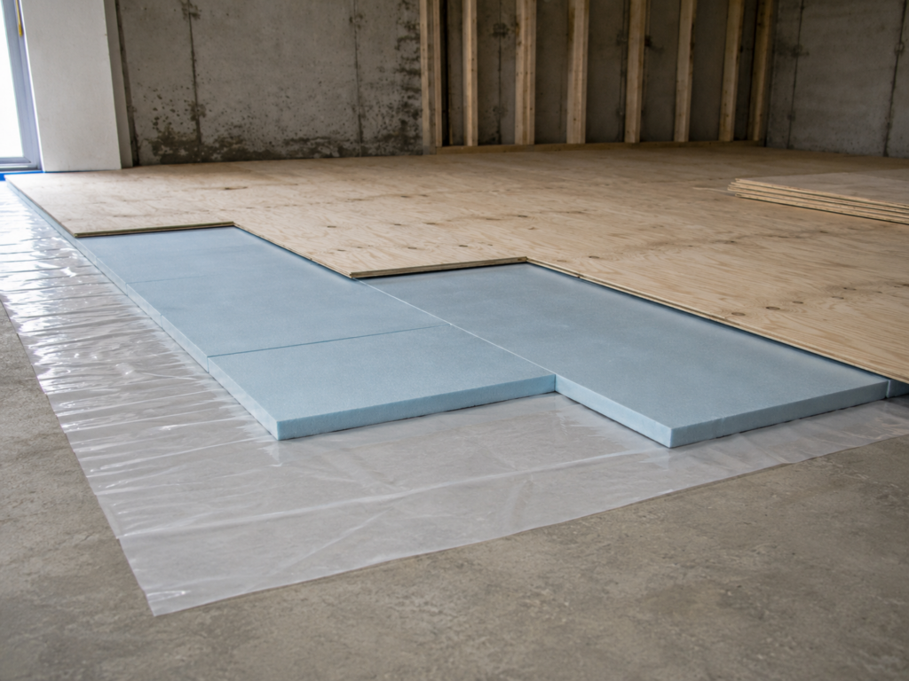 Rigid foam and floating plywood basement subfloor assembly