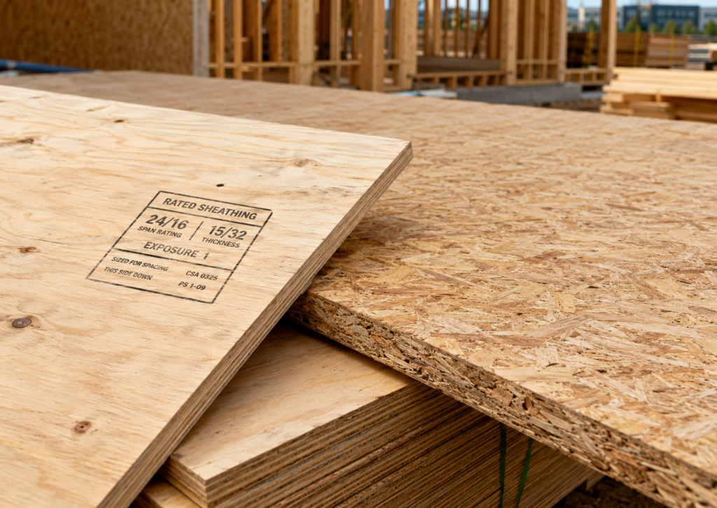 Rated Sheathing stamp showing span rating, performance category and Exposure 1 classification