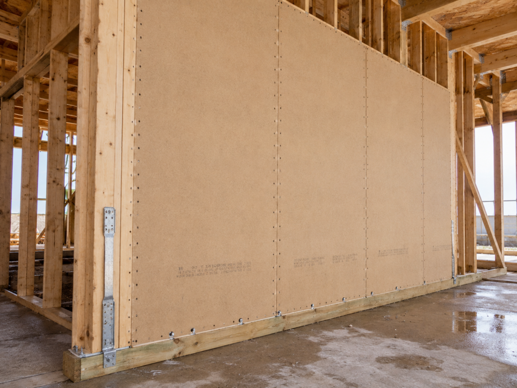 Structural I sheathing installed on an engineered shear wall with hold-down hardware