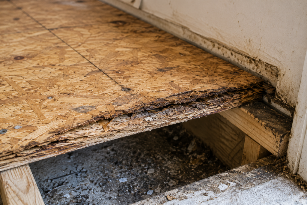 Swollen OSB subfloor edges caused by moisture exposure