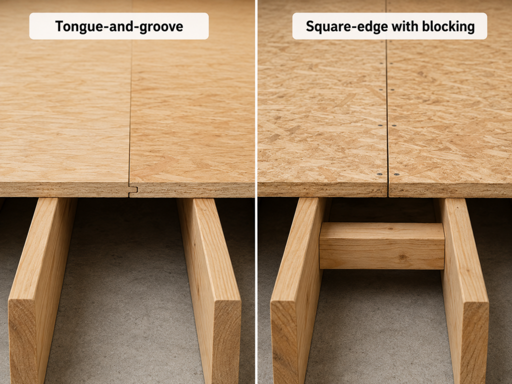 Tongue-and-groove floor panels compared with square-edge subfloor panels supported by blocking