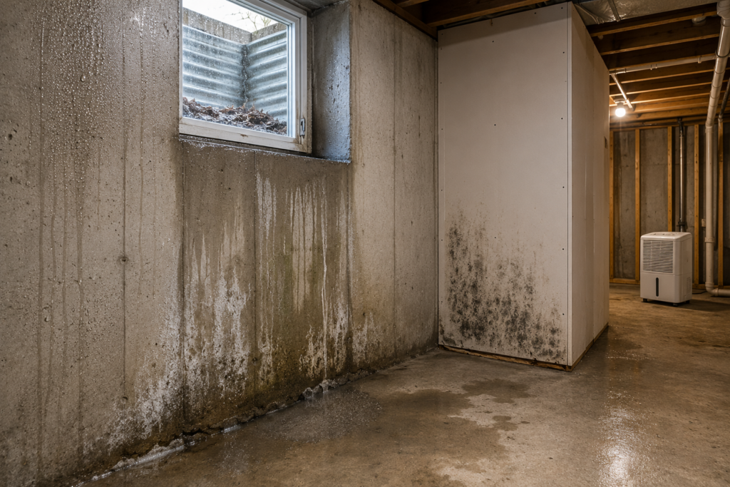 Moisture entering a basement through concrete walls and causing mold growth