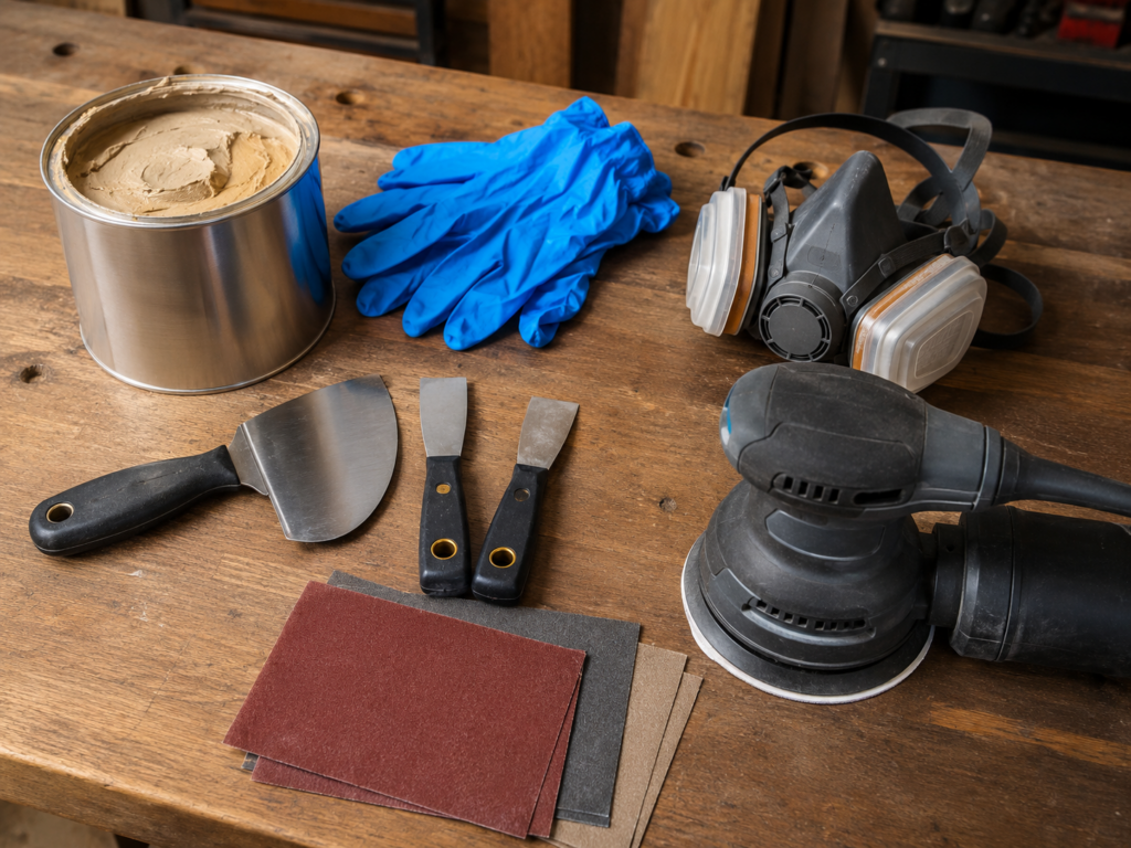 Tools and supplies for repairing wood floors with filler