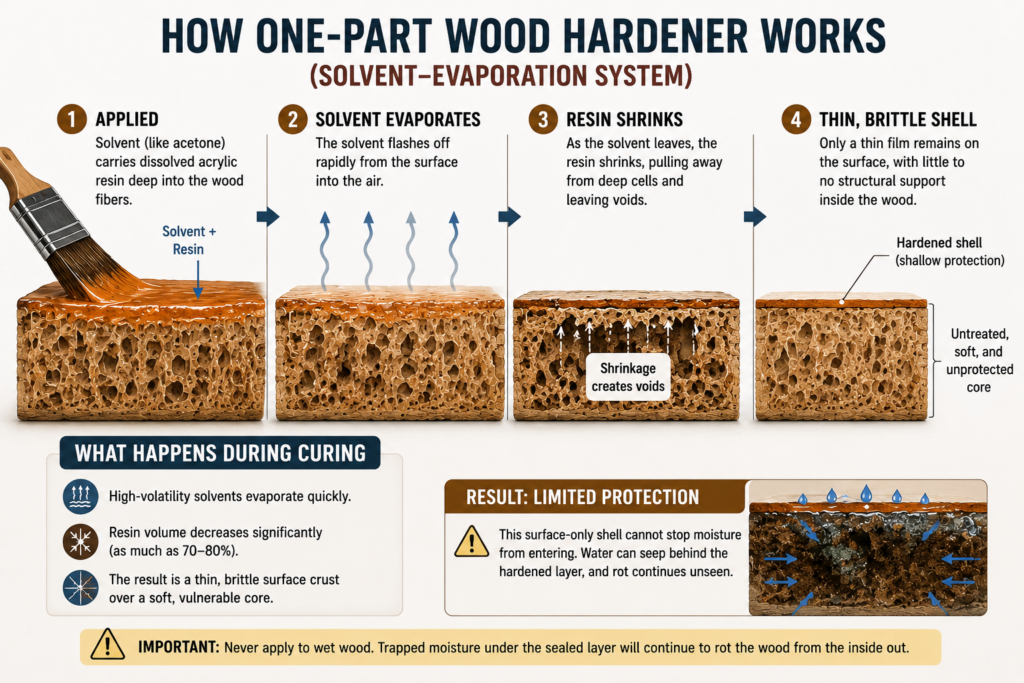 Solvent evaporation causing shrinkage in wood hardener treatment