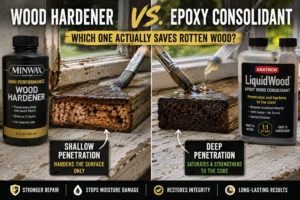 Wood Hardener vs. Epoxy Consolidant: The Ultimate Wood Restoration Guide Wood hardener and epoxy consolidant used on rotted window sill repair