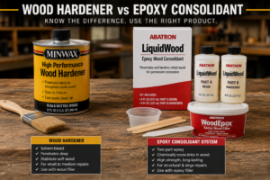 Wood hardener and epoxy consolidant systems side by side for rot repair comparison