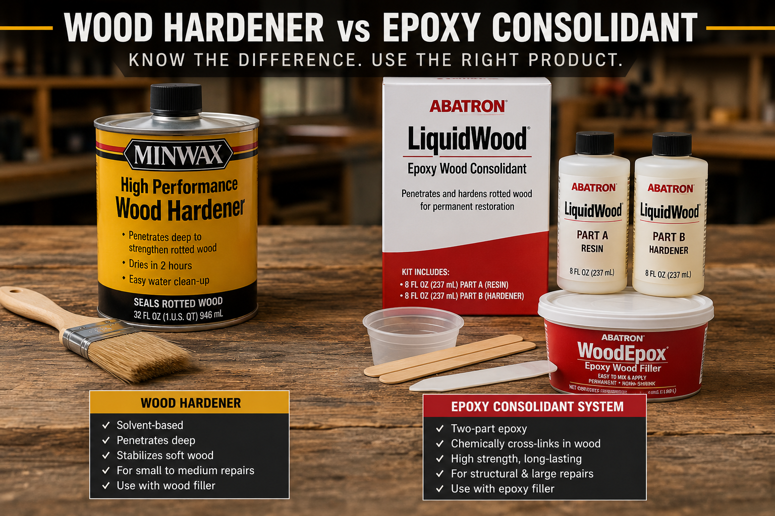 Wood hardener and epoxy consolidant systems side by side for rot repair comparison