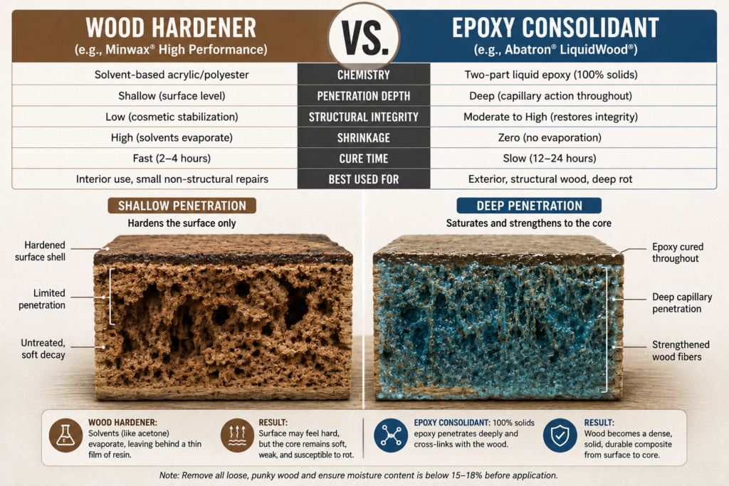 Cross section showing shallow wood hardener penetration versus deep epoxy consolidation